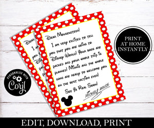 Surprise You're Going To Disney Letter from Mickey Mouse; EDITABLE
